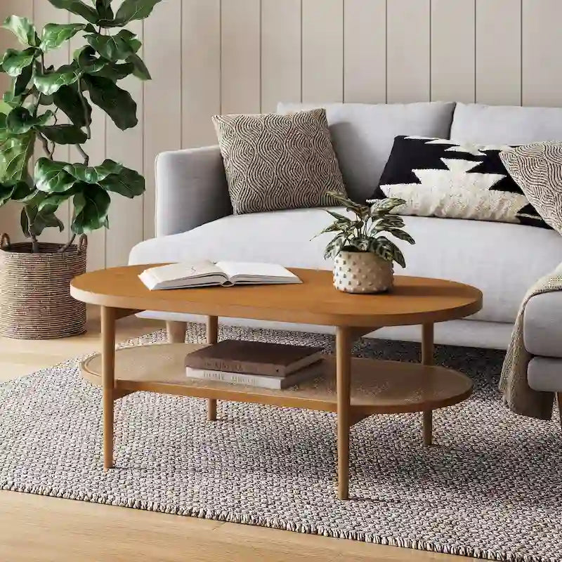 Table basse ovale bohème à 2 niveaux avec étagère de rangement en rotin et pieds fuselés en bois