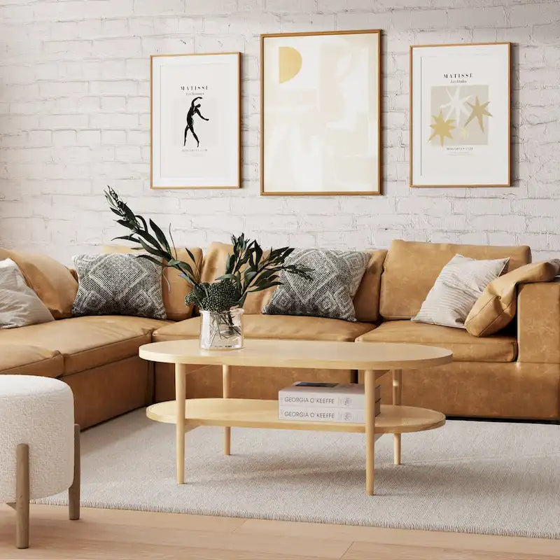 Table basse ovale bohème à 2 niveaux avec étagère de rangement en rotin et pieds fuselés en bois