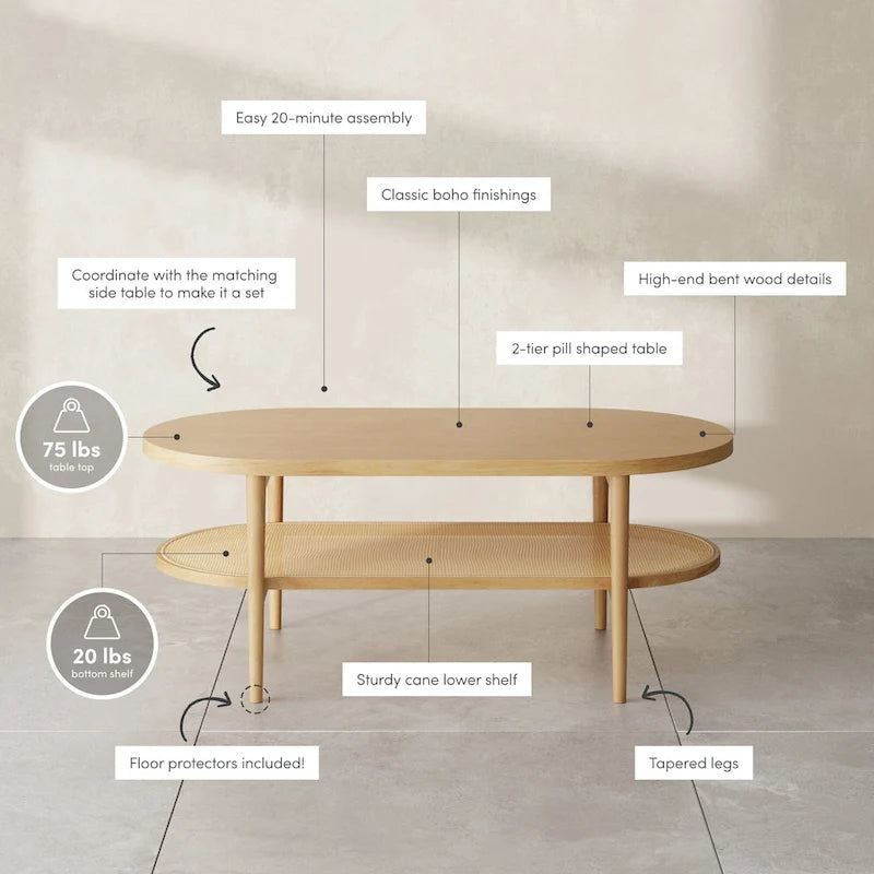 Table basse ovale bohème à 2 niveaux avec étagère de rangement en rotin et pieds fuselés en bois