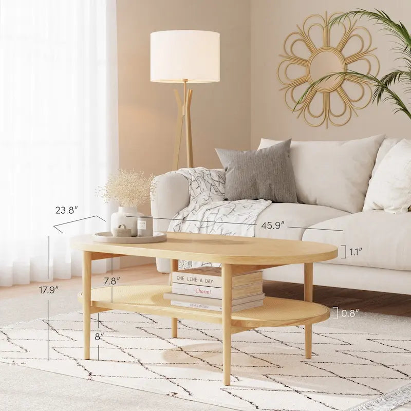 Table basse ovale bohème à 2 niveaux avec étagère de rangement en rotin et pieds fuselés en bois