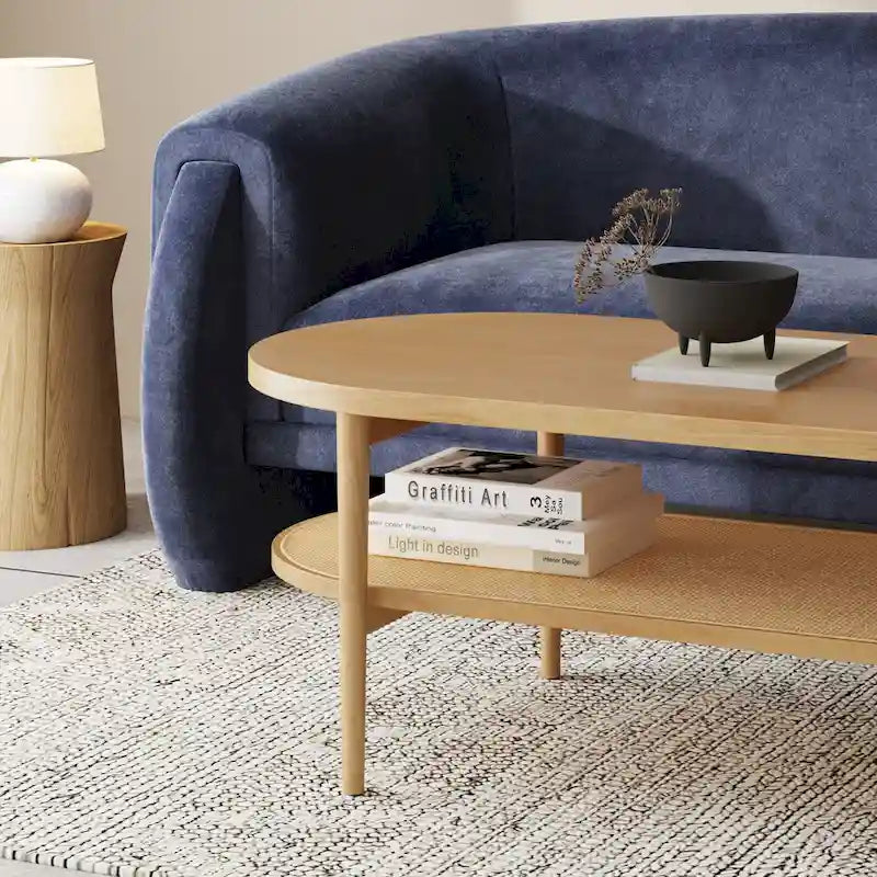 Table basse ovale bohème à 2 niveaux avec étagère de rangement en rotin et pieds fuselés en bois
