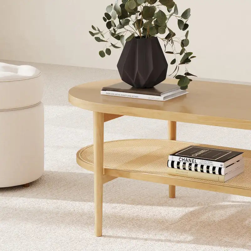 Table basse ovale bohème à 2 niveaux avec étagère de rangement en rotin et pieds fuselés en bois