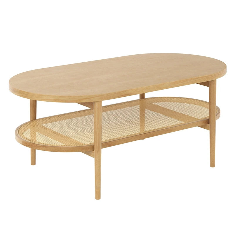 Table basse ovale bohème à 2 niveaux avec étagère de rangement en rotin et pieds fuselés en bois