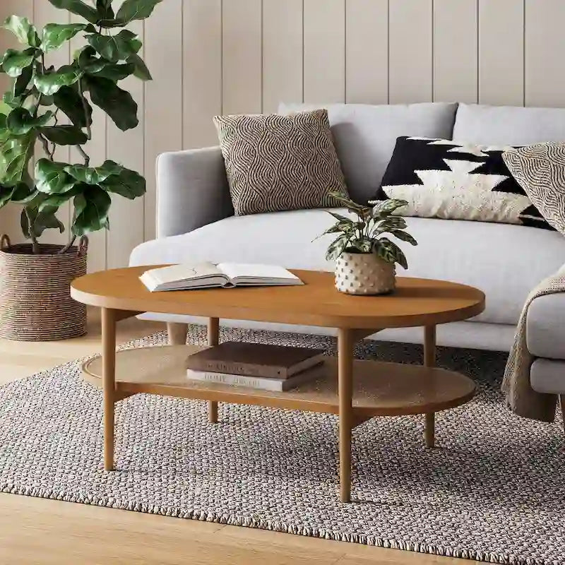 Table basse ovale bohème à 2 niveaux avec étagère de rangement en rotin et pieds fuselés en bois
