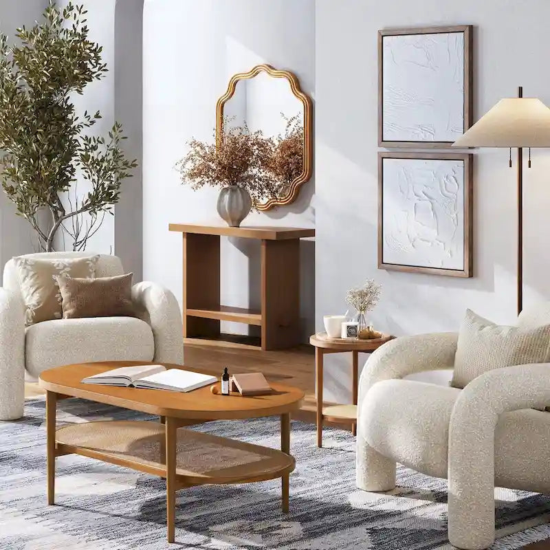 Table basse ovale bohème à 2 niveaux avec étagère de rangement en rotin et pieds fuselés en bois