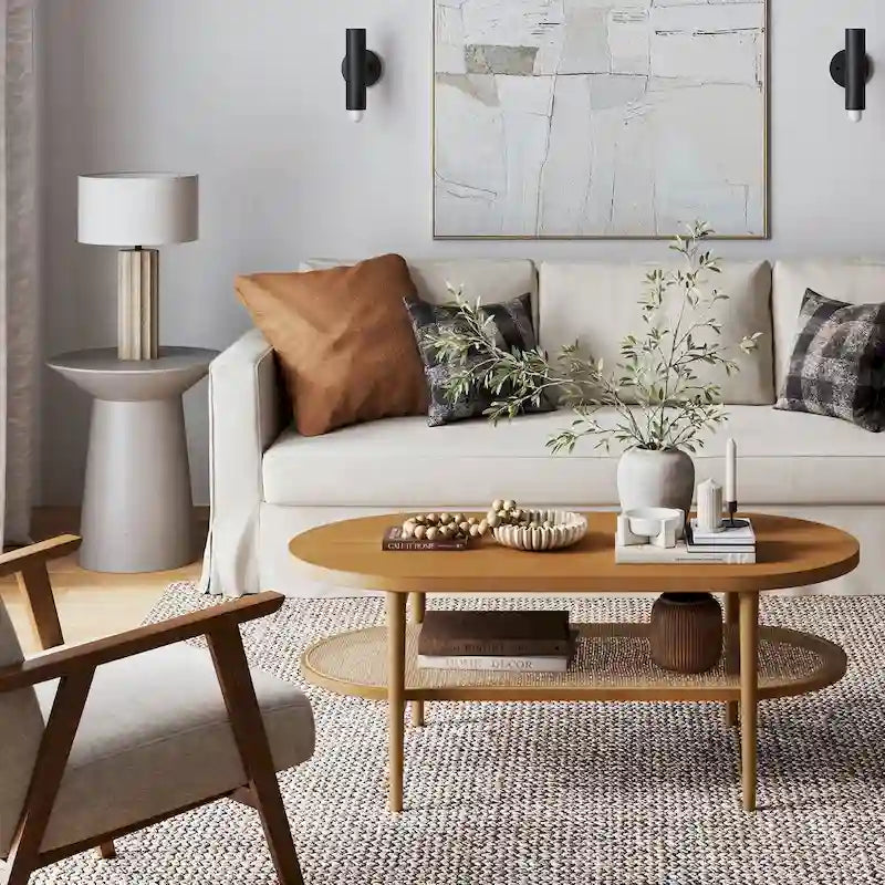 Table basse ovale bohème à 2 niveaux avec étagère de rangement en rotin et pieds fuselés en bois