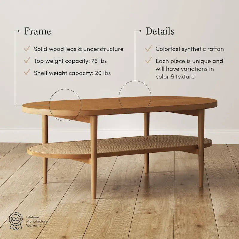 Table basse ovale bohème à 2 niveaux avec étagère de rangement en rotin et pieds fuselés en bois