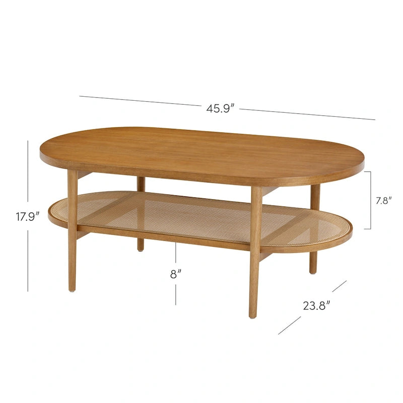 Table basse ovale bohème à 2 niveaux avec étagère de rangement en rotin et pieds fuselés en bois