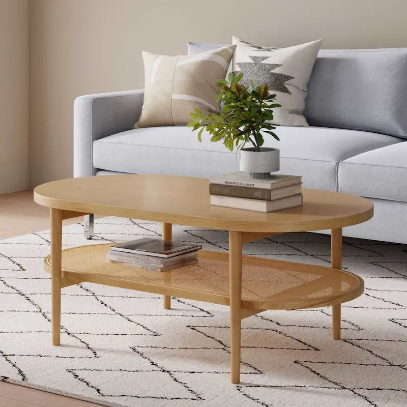 Table basse ovale bohème à 2 niveaux avec étagère de rangement en rotin et pieds fuselés en bois