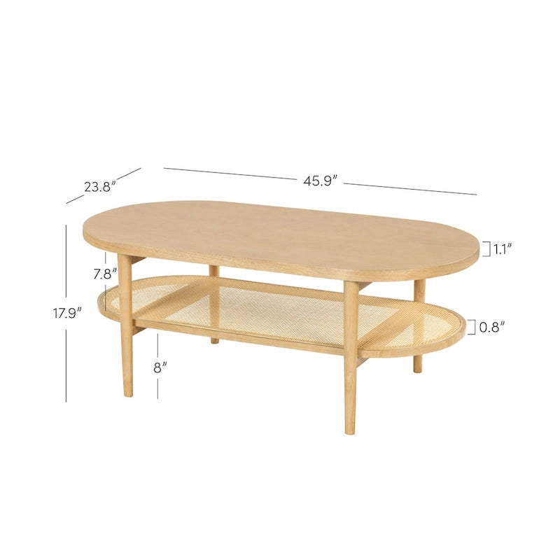 Table basse ovale bohème à 2 niveaux avec étagère de rangement en rotin et pieds fuselés en bois