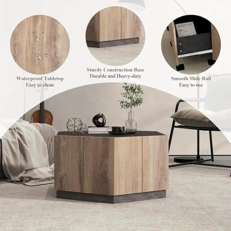 Table basse de rangement hexagonale avec tiroirs, plateau résistant aux rayures et finition ton ciment