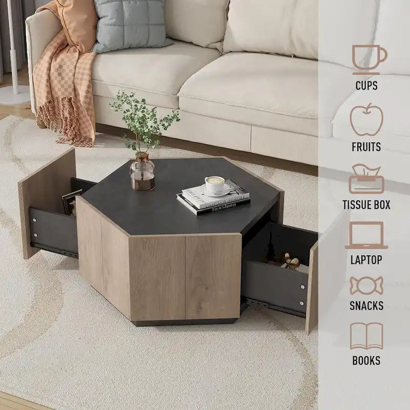 Table basse de rangement hexagonale avec tiroirs, plateau résistant aux rayures et finition ton ciment
