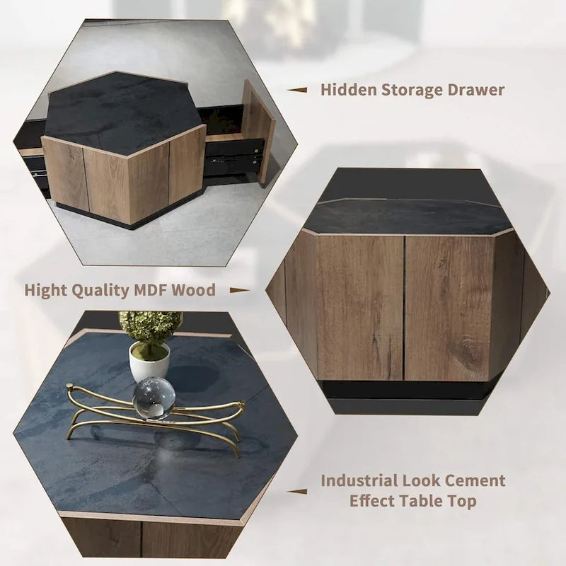 Table basse de rangement hexagonale avec tiroirs, plateau résistant aux rayures et finition ton ciment
