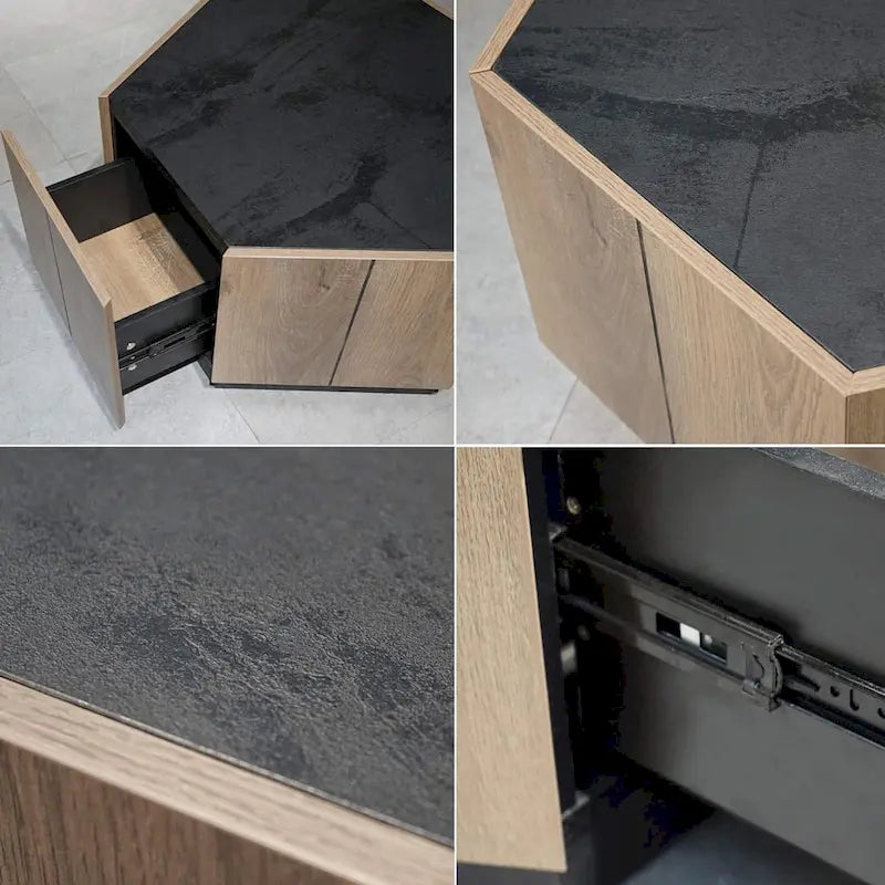 Table basse de rangement hexagonale avec tiroirs, plateau résistant aux rayures et finition ton ciment