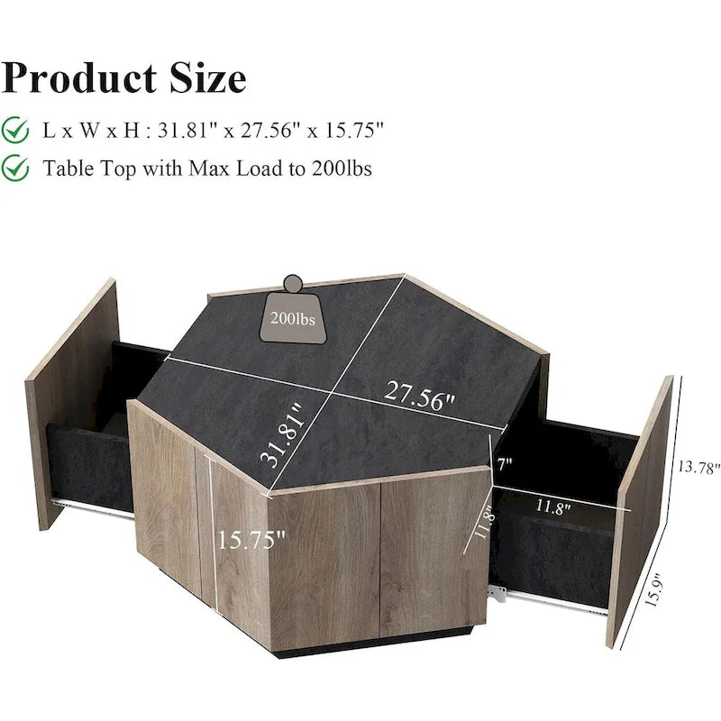 Table basse de rangement hexagonale avec tiroirs, plateau résistant aux rayures et finition ton ciment