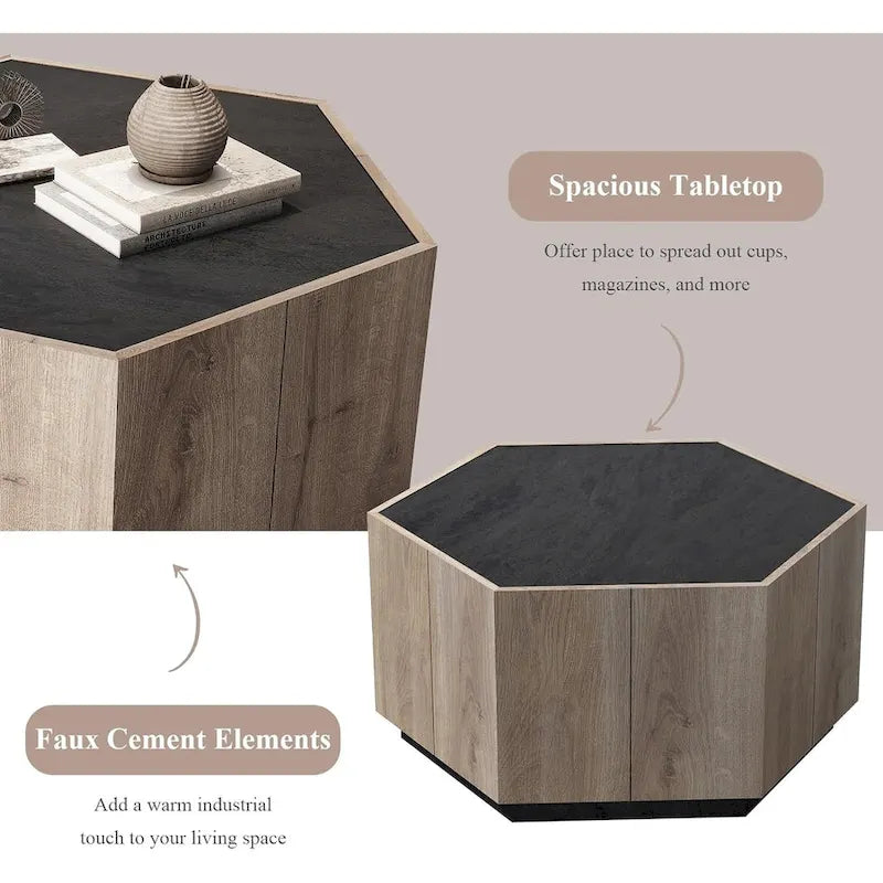 Table basse de rangement hexagonale avec tiroirs, plateau résistant aux rayures et finition ton ciment