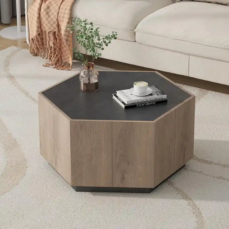 Table basse de rangement hexagonale avec tiroirs, plateau résistant aux rayures et finition ton ciment