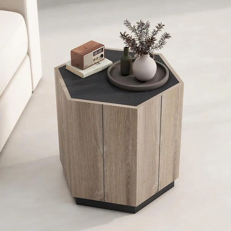 Table basse de rangement hexagonale avec tiroirs, plateau résistant aux rayures et finition ton ciment