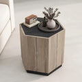 Table basse de rangement hexagonale avec tiroirs, plateau résistant aux rayures et finition ton ciment
