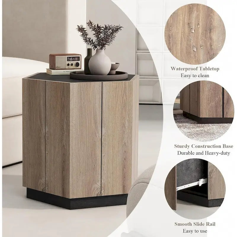 Table basse de rangement hexagonale avec tiroirs, plateau résistant aux rayures et finition ton ciment