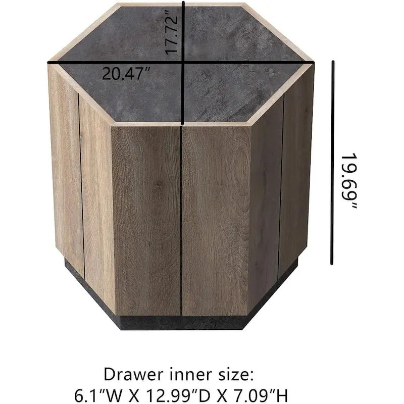 Table basse de rangement hexagonale avec tiroirs, plateau résistant aux rayures et finition ton ciment