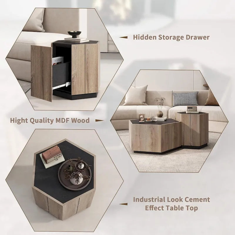 Table basse de rangement hexagonale avec tiroirs, plateau résistant aux rayures et finition ton ciment