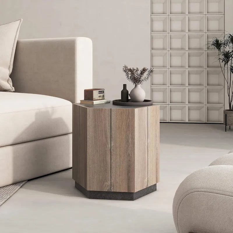 Table basse de rangement hexagonale avec tiroirs, plateau résistant aux rayures et finition ton ciment