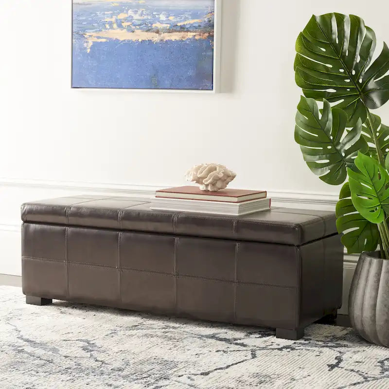 Banc de rangement en cuir bycast | Assise et rangement | Structure en bouleau | Marron, noir et crème