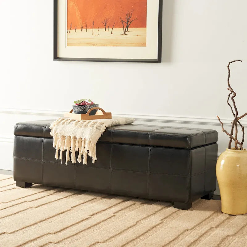 Banc de rangement en cuir bycast | Assise et rangement | Structure en bouleau | Marron, noir et crème