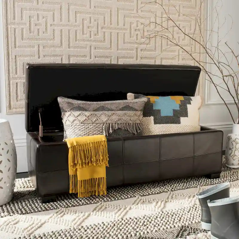 Banc de rangement en cuir bycast | Assise et rangement | Structure en bouleau | Marron, noir et crème