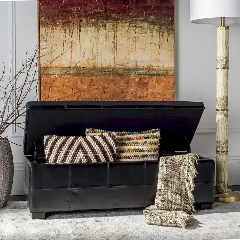 Banc de rangement en cuir bycast | Assise et rangement | Structure en bouleau | Marron, noir et crème