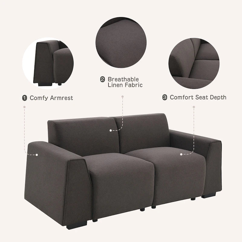 Canapé moderne en tissu lin de 71 pouces | 2-3 places | Accoudoir large | Style minimaliste | Salon et chambre à coucher