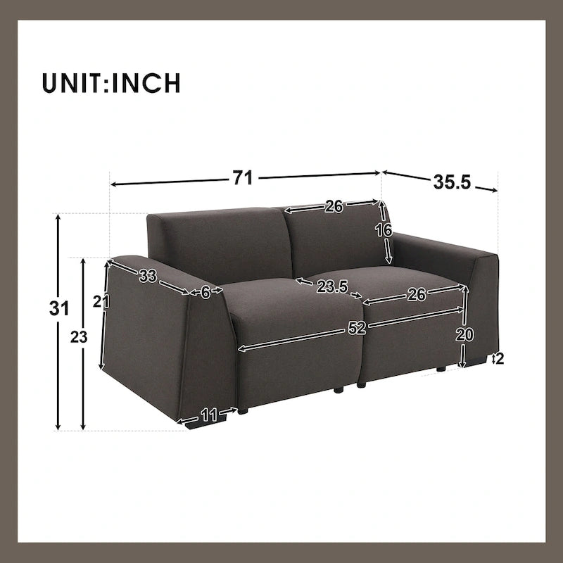 Canapé moderne en tissu lin de 71 pouces | 2-3 places | Accoudoir large | Style minimaliste | Salon et chambre à coucher