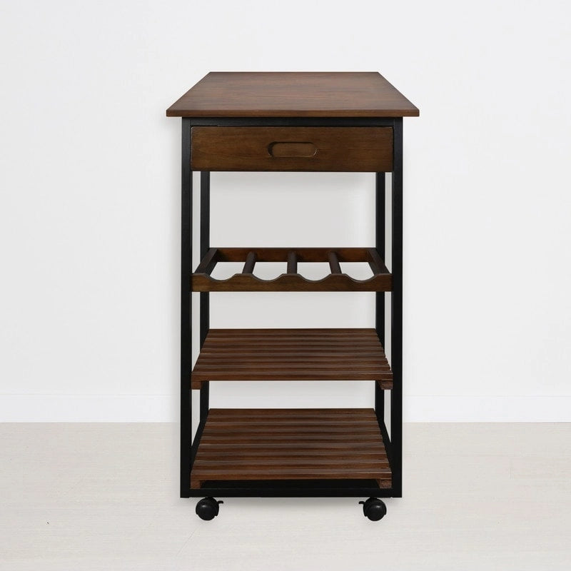 Solid Wood 4-Tier Rolling Kitchen Cart with Wine Rack and Drawer