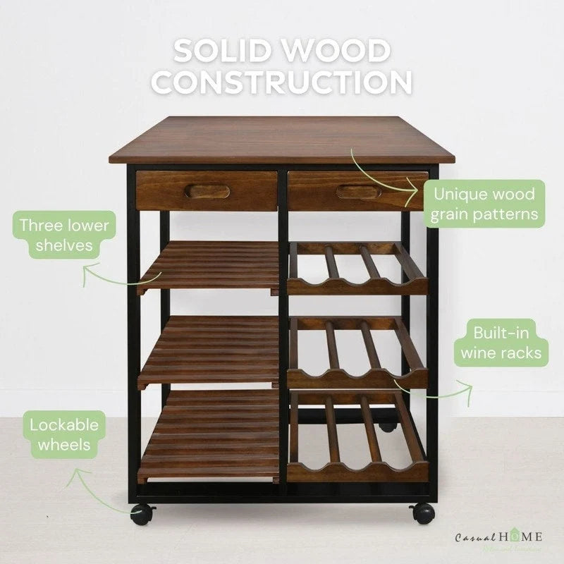 Dessus en bois massif Chariot roulant à 4 niveaux avec casier à vin, tiroir et roulettes verrouillables