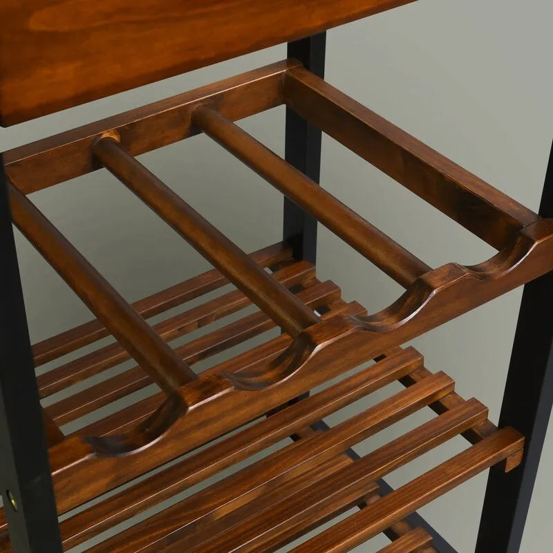 Dessus en bois massif Chariot roulant à 4 niveaux avec casier à vin, tiroir et roulettes verrouillables