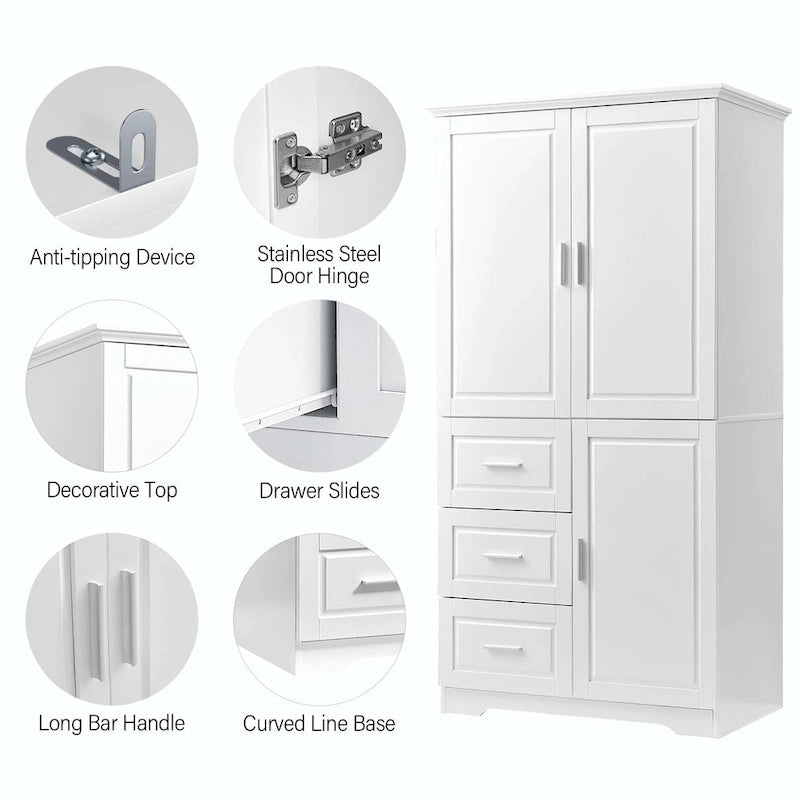 Meuble de rangement haut avec 3 tiroirs, étagère réglable et portes d'armoire