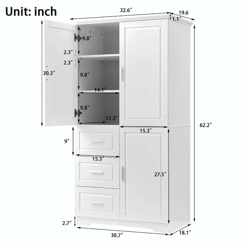 Meuble de rangement haut avec 3 tiroirs, étagère réglable et portes d'armoire