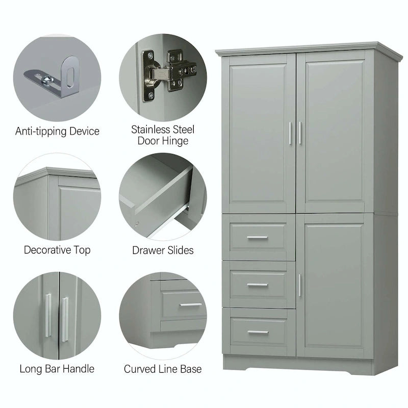 Meuble de rangement haut avec 3 tiroirs, étagère réglable et portes d'armoire