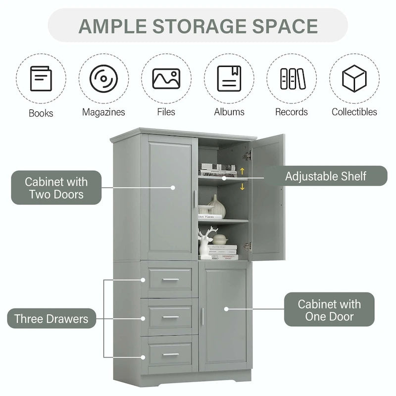 Meuble de rangement haut avec 3 tiroirs, étagère réglable et portes d'armoire