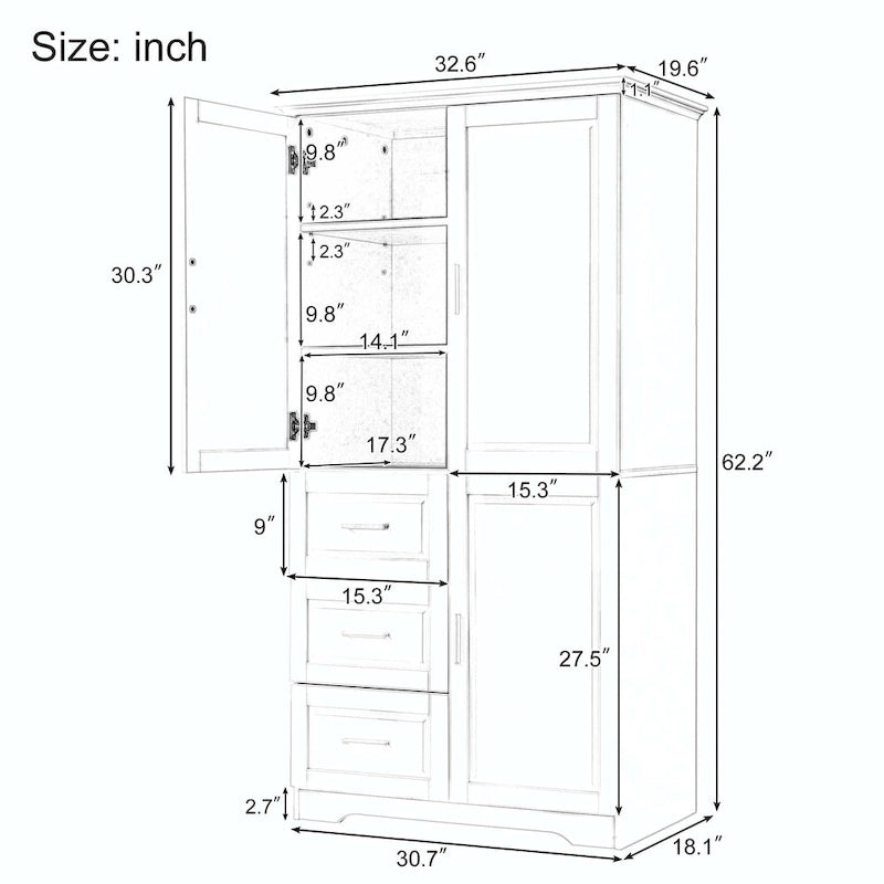 Meuble de rangement haut avec 3 tiroirs, étagère réglable et portes d'armoire