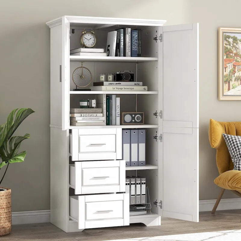 Meuble de rangement haut avec 3 tiroirs, étagère réglable et portes d'armoire