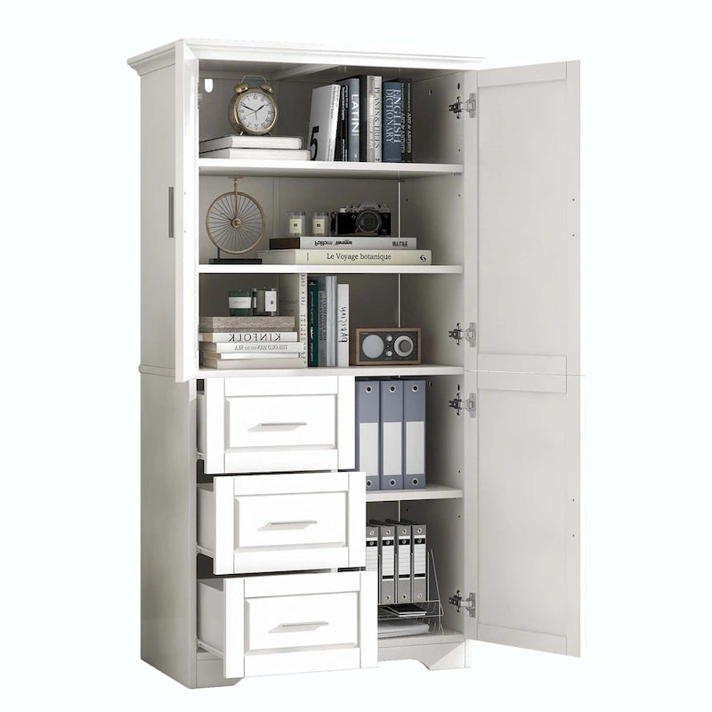 Meuble de rangement haut avec 3 tiroirs, étagère réglable et portes d'armoire