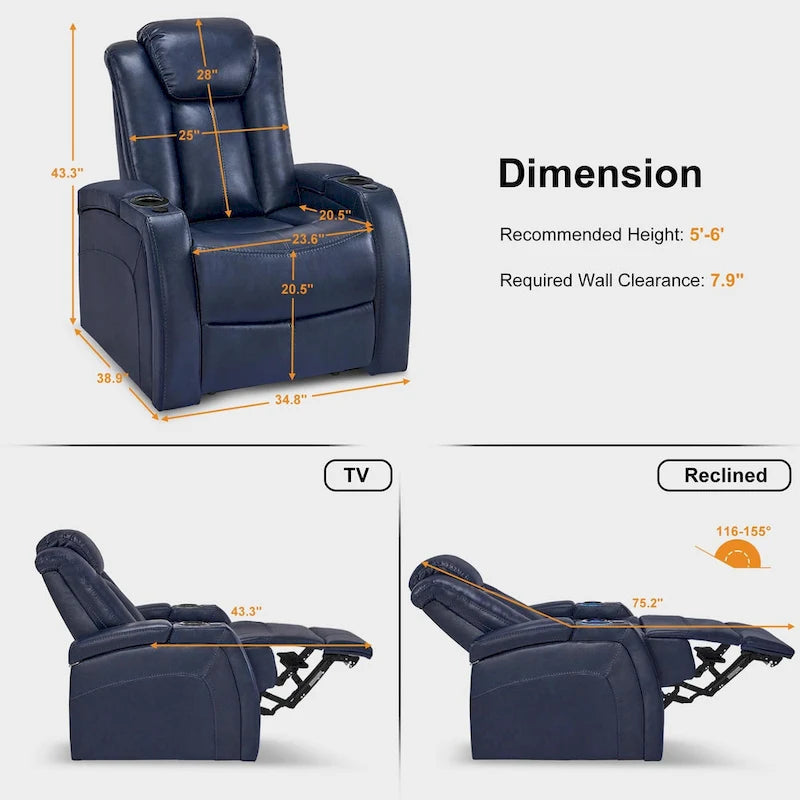 Fauteuil inclinable électrique avec appuie-tête réglable, éclairage LED et tablette pivotante