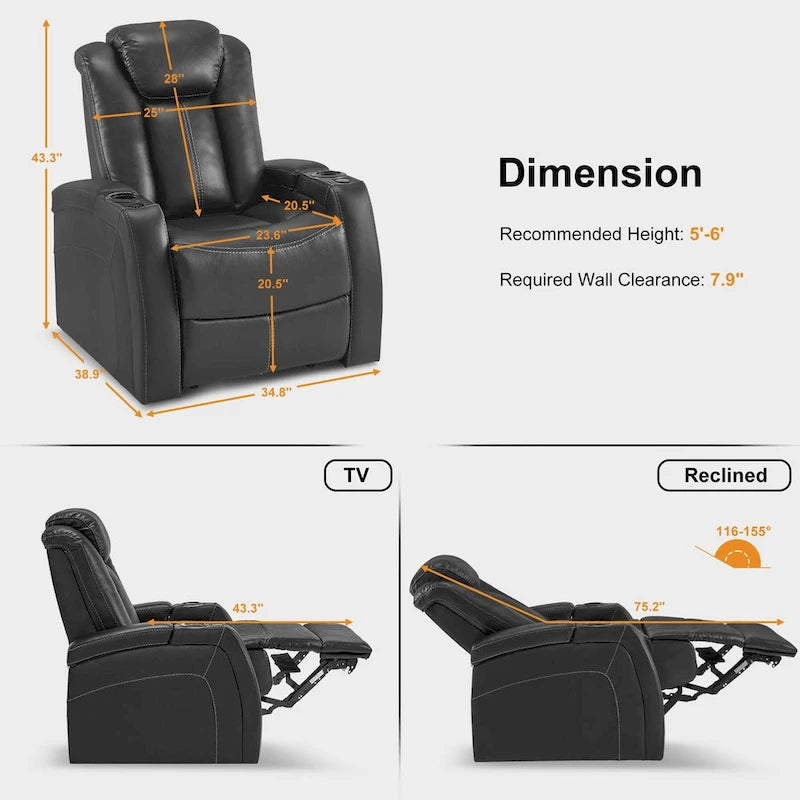 Fauteuil inclinable électrique avec appuie-tête réglable, éclairage LED et tablette pivotante