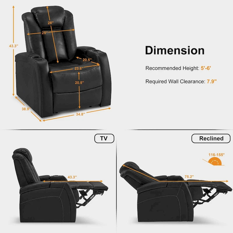 Fauteuil inclinable électrique avec appuie-tête réglable, éclairage LED et tablette pivotante