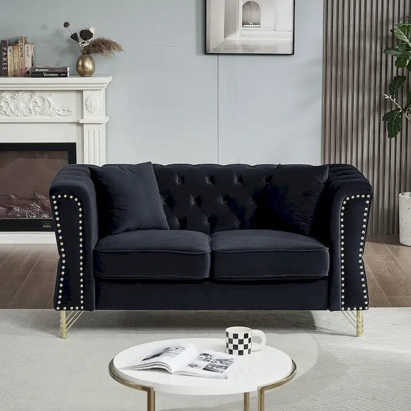 Causeuse Chesterfield en velours avec capitonnage, garniture cloutée et coussins à ressorts