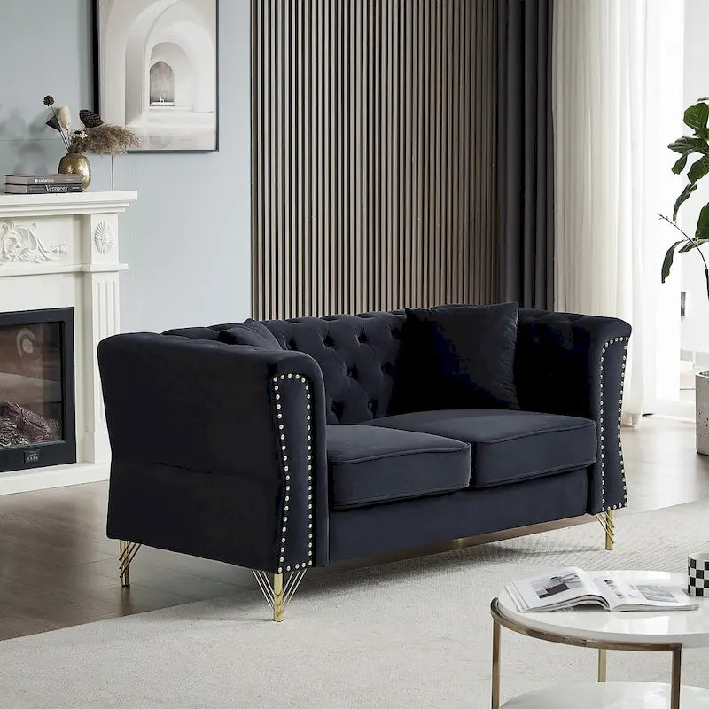 Causeuse Chesterfield en velours avec capitonnage, garniture cloutée et coussins à ressorts