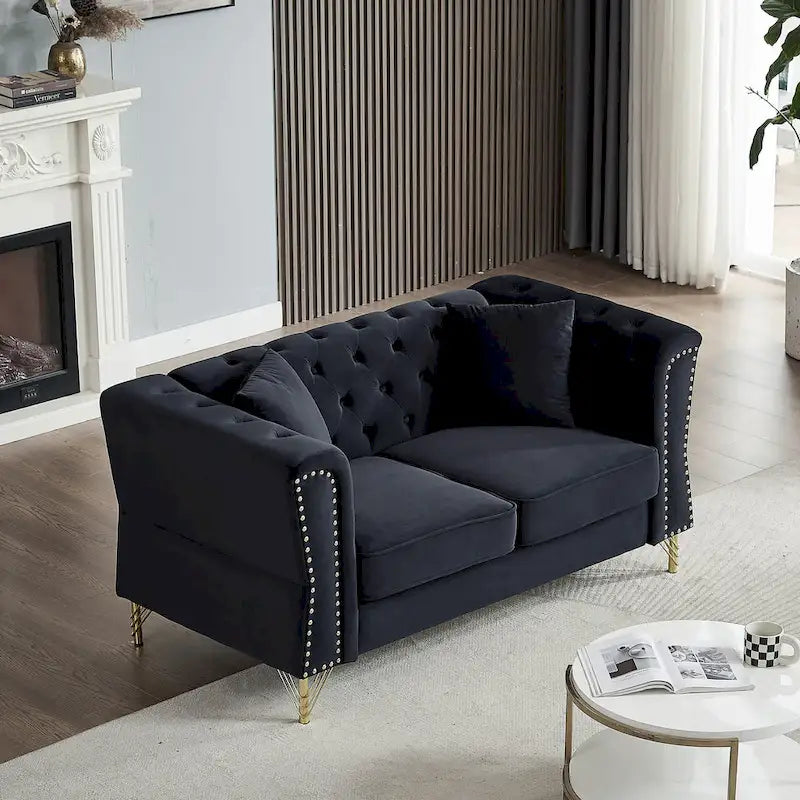 Causeuse Chesterfield en velours avec capitonnage, garniture cloutée et coussins à ressorts