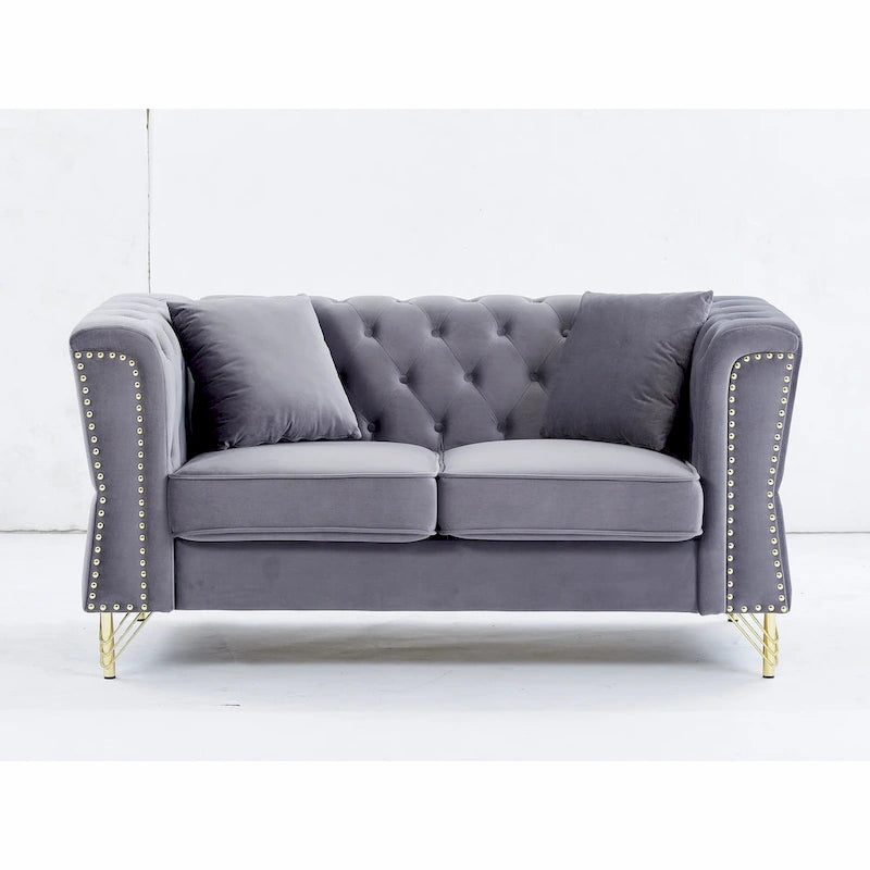 Causeuse Chesterfield en velours avec capitonnage, garniture cloutée et coussins à ressorts